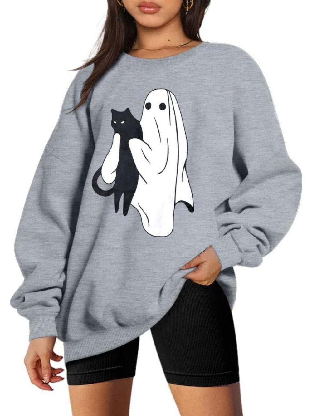 Women's Halloween Light Grey Cat Ghost Oversized Sweatshirt Fall Spooky Sweater